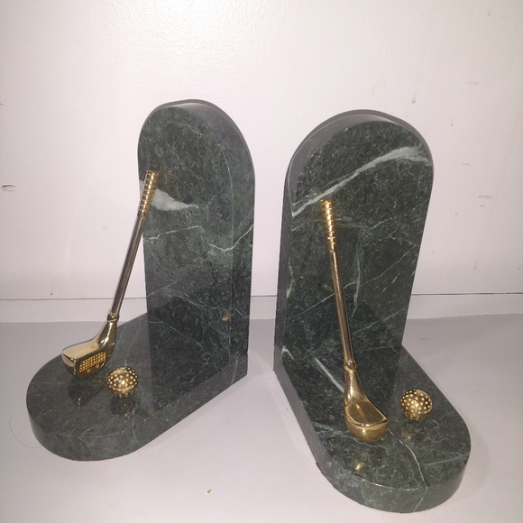 Vintage Pair Granite Marble Art Deco Golf Bookends Brass  Granite Golf book ends
